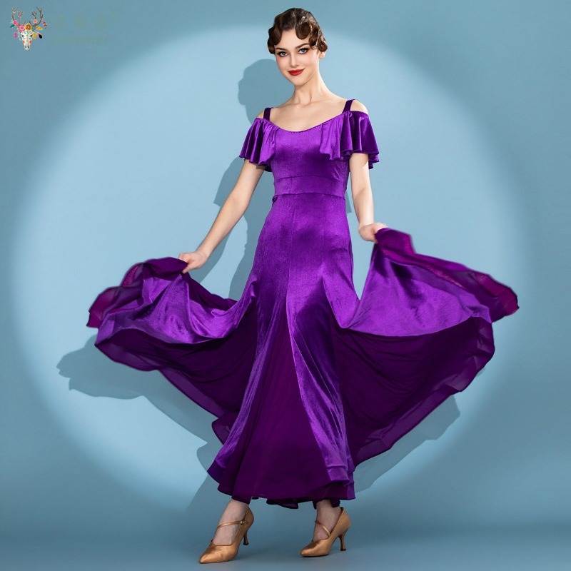 Robes de danse moderne pour femmes, robe élégante en velours violet haut de gamme, robe à grande jupe, vêtements de danse de salon pour la valse