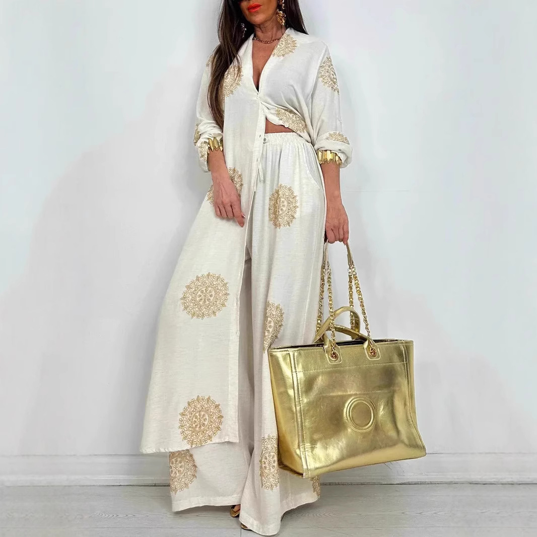 Ensemble de Robe longue et ample pour femmes, imprimé Vintage, chemise à boutons décontractée, chemisiers, pantalons à jambes larges, tenue deux pièces surdimensionnée, printemps été