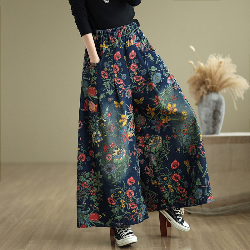 Jean à jambes larges imprimé ethnique et rétro pour femme, nouveau Style, taille élastique, coupe ample, pantalon en Denim polyvalent, décontracté, automne hiver