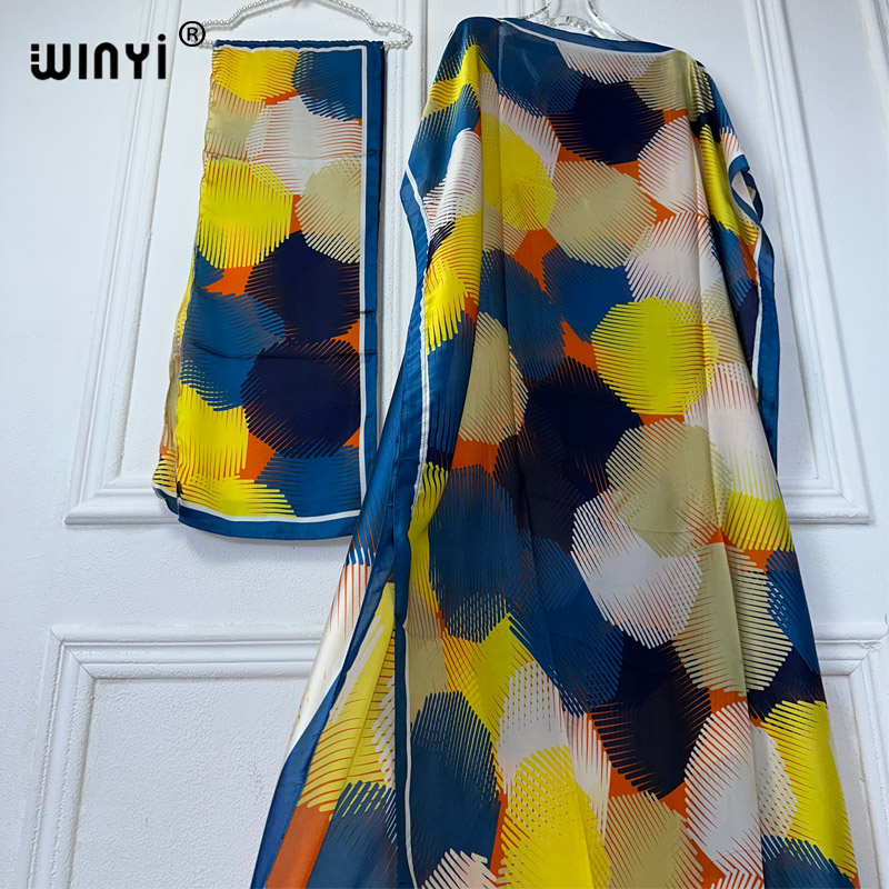 WINYI-Robe imprimée style bohème avec ceinture pour femmes africaines, abaya dubaï, tenue traditionnelle de luxe, ensembles musulmans, robe de soirée maxi