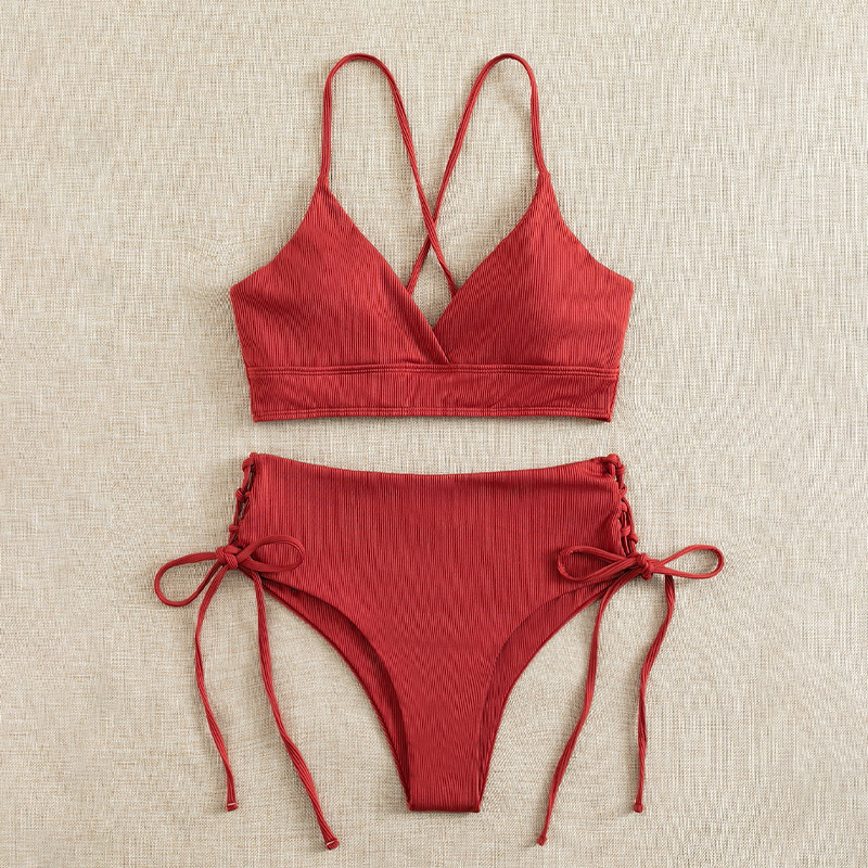 Cikini-ensemble bikini fendu à col en V pour femme, maillot de bain sexy, à lacets, bikini triangulaire, couleur unie, maillot de plage, maillot de bain