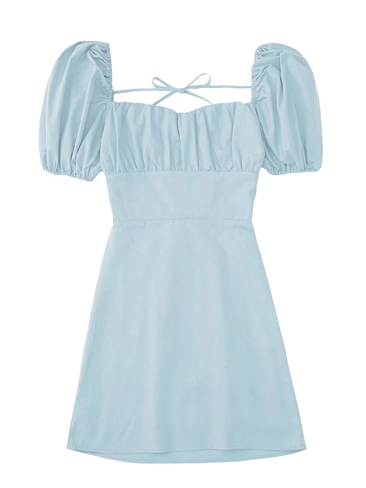 Robe en lin mélangé blanche, à la mode, pour femmes, avec un décolleté carré, de courtes manches bouffantes et un dos nu, ainsi que des bretelles croisées.