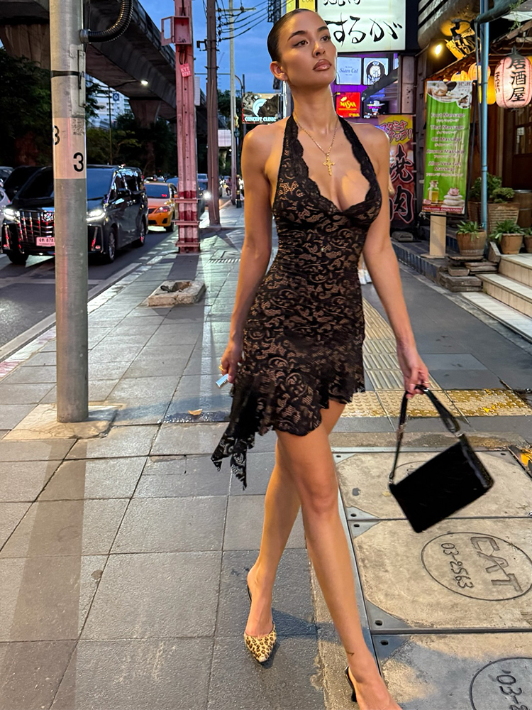 CNYISHE Robe fourreau moulante pour femme, en dentelle transparente, à dos nu, style licou, couleur unie, sexy, pour club et soirée