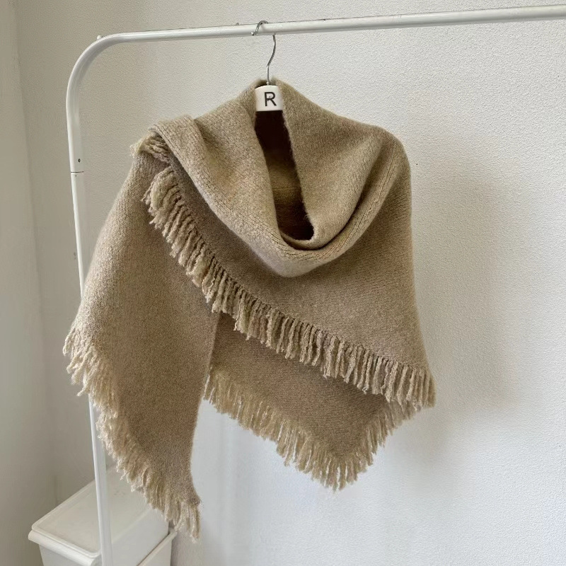 Écharpes chaudes d'hiver en laine mélangée pour femmes, couleur unie, grand châle Triangle de 175cm avec glands