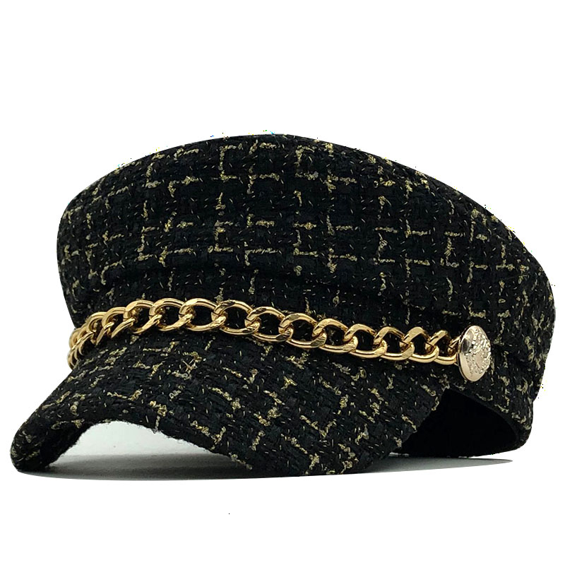 Casquette en laine pour femmes, chapeau plat, élégant, solide, chaîne en métal, chaud, streetwear décontracté, automne hiver