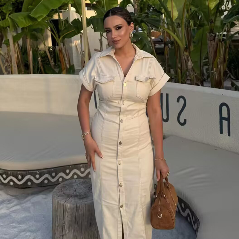 MUJER 2026 Denim robe longue femme bouton plissé robes mi-longues pour femmes à manches courtes jean robe femme printemps robes de vacances