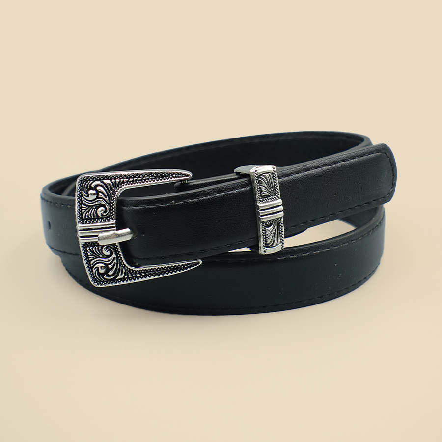 Ceinture pour femmes à bordure noire, couleur unie, ceinture quotidienne décontractée, boucle en alliage sculpté en argent, Date de déplacement quotidien, accessoires de mode