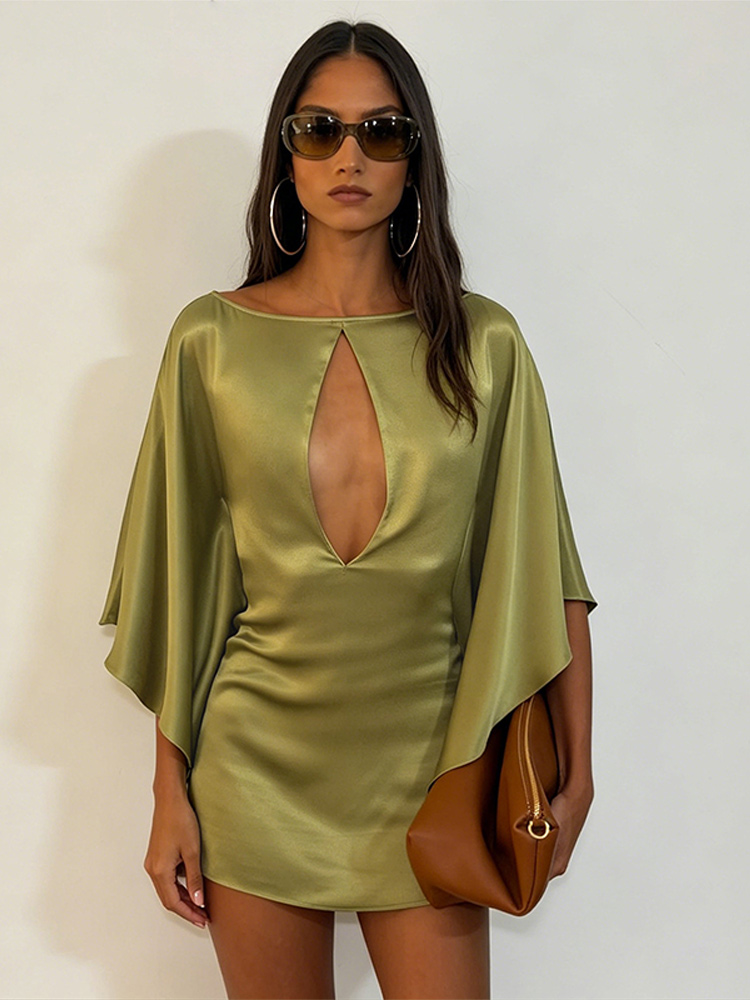 Robe Courte en Satin Sexy pour Femme, Col Rond, Manches Chauve-Souris, Découpes, Taille Haute, Nouvelle Collection Été 2026, Robes Chic et Tendance