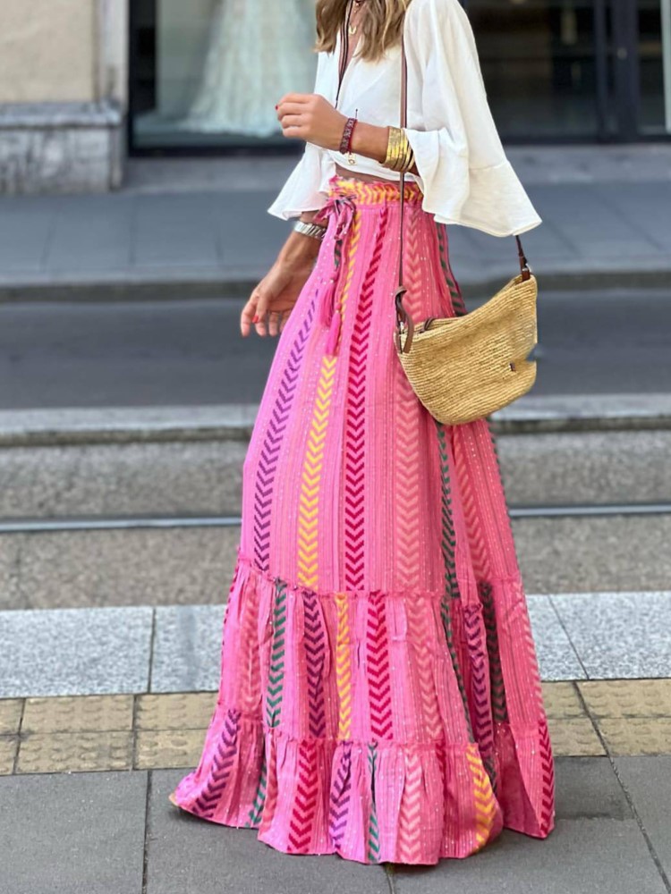 Femmes imprimer jupe longue mode Vintage jupes amples dame décontracté élégant Boho plage vacances jupes femmes vêtements été nouveau