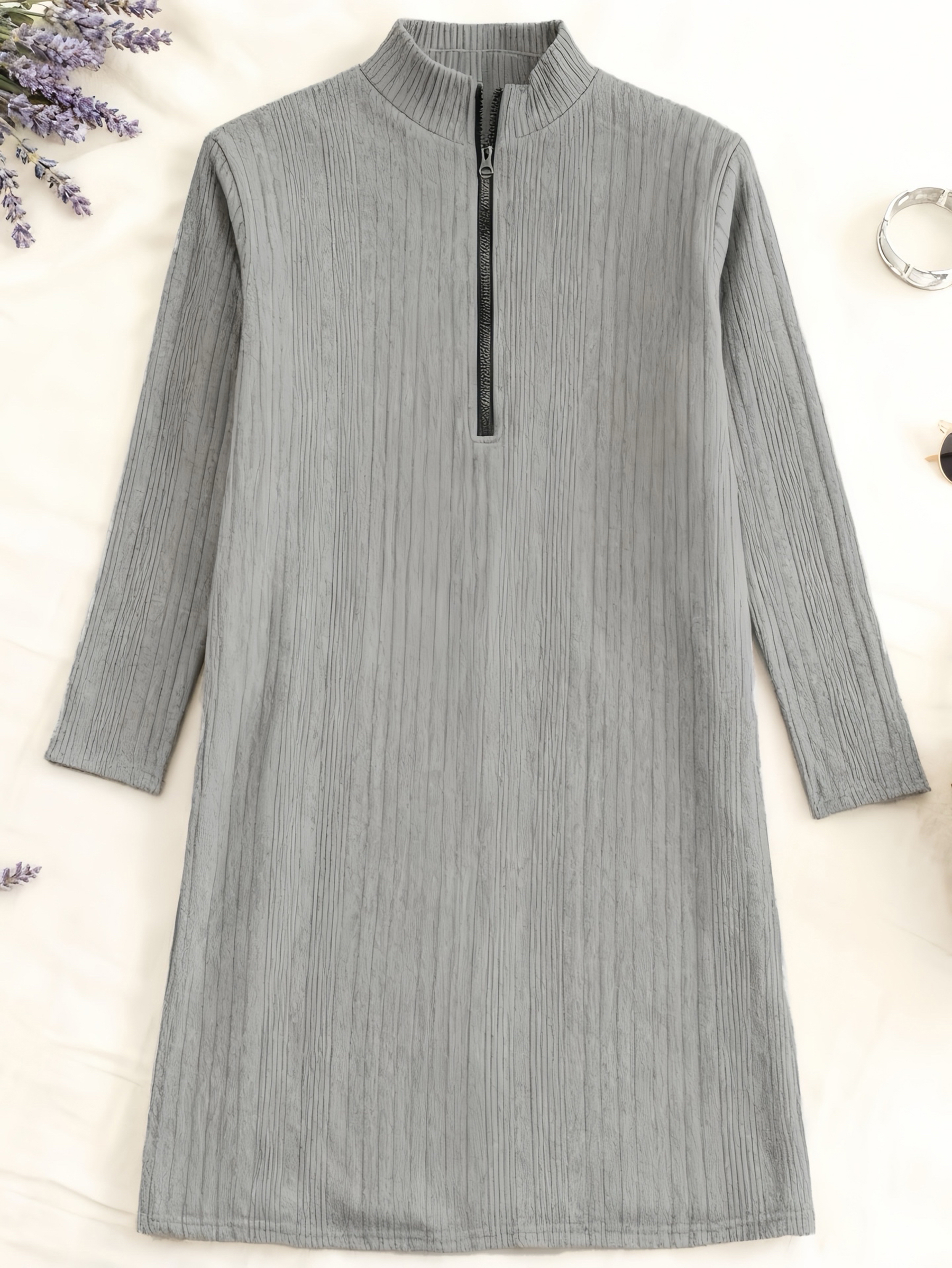Robe mi-longue grande taille pour femmes, couleur unie, fermeture éclair côtelée, col rond, vêtements saisonniers à manches longues, Style européen et américain