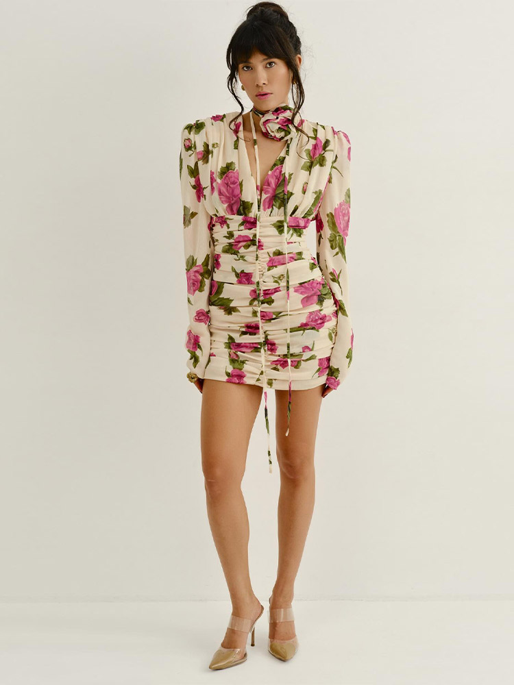 Robe décontractée imprimée fleurs 3D pour femme, manches longues, col en V, plissée, coupe ajustée aux hanches, mini-robe d'été 2026 pour les vacances