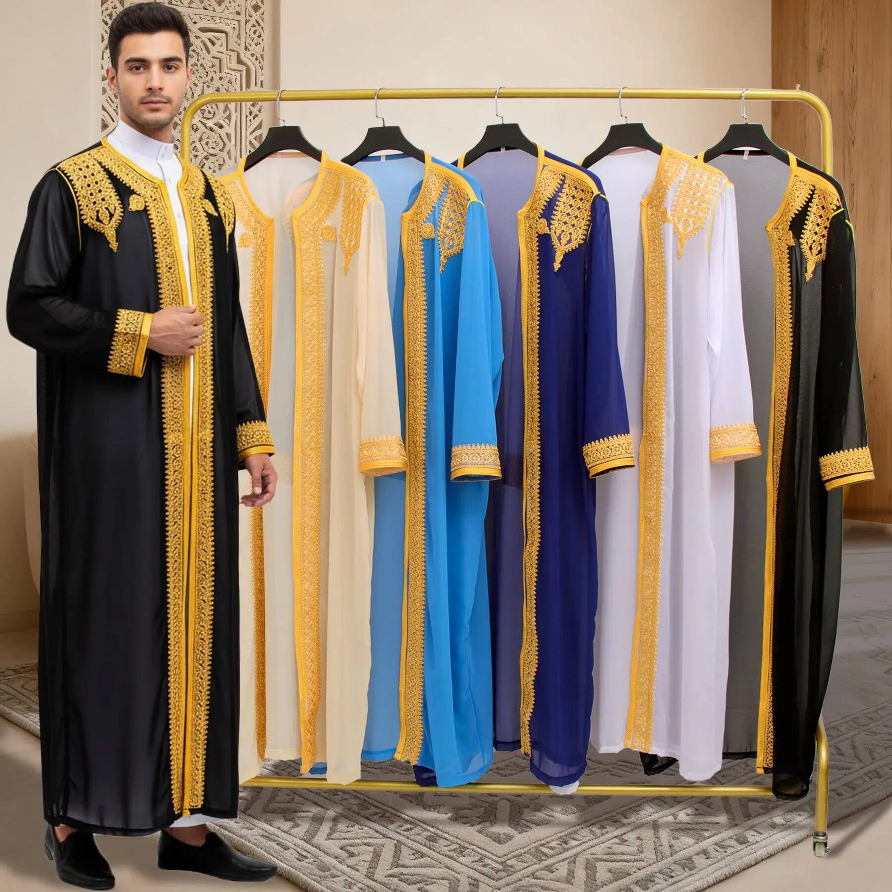 Robe longue traditionnelle arabe brodée en or de luxe pour homme, robe formelle pour homme, style ethnique du Moyen-Orient, fibre de polyester
