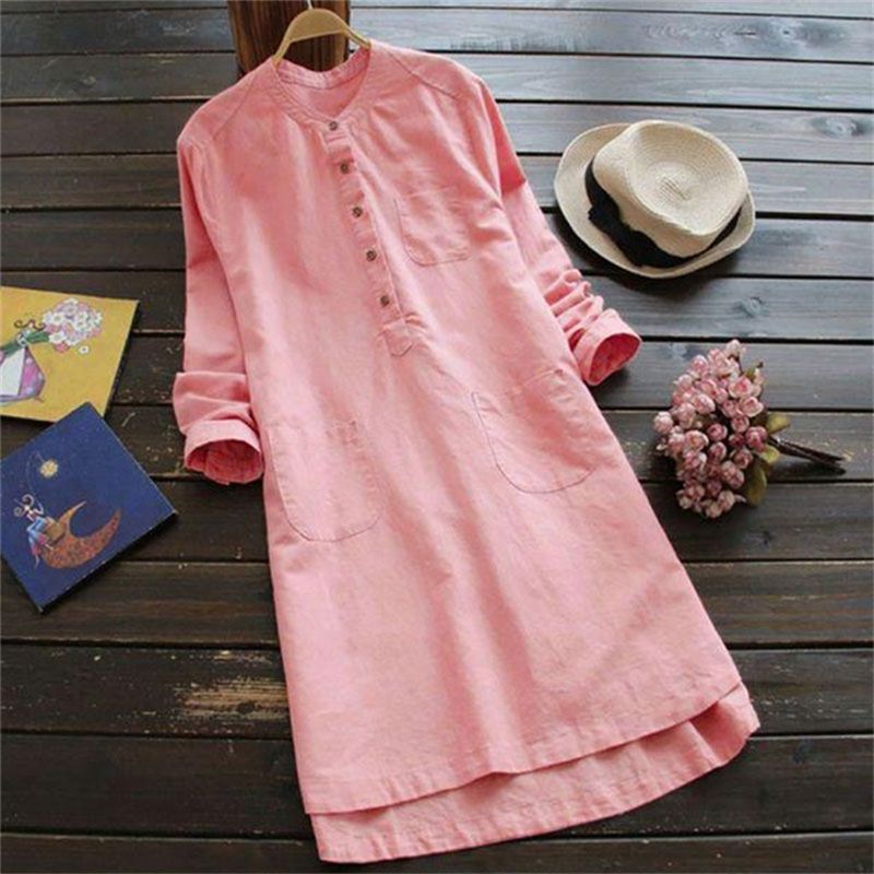Robe chemise pour femme en coton et lin, boutonnée, ample, à manches longues, mi-longue, unie, décontractée, pour le bureau, printemps automne