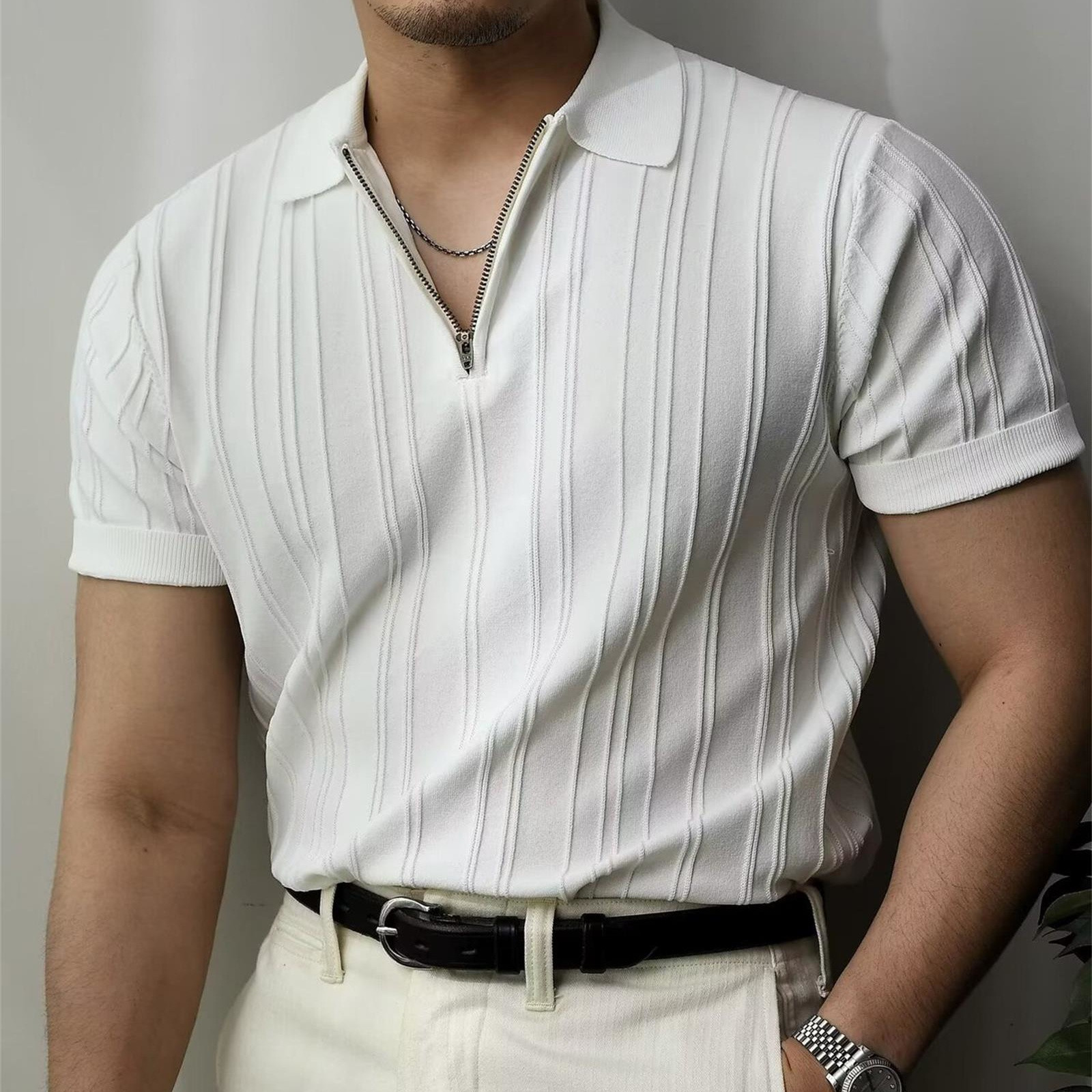 Coréen luxe mince solide rétro hauts t-shirts vêtements tricot chemises à manches courtes quart Zip décontracté t-shirts rétro Camisas De Hombre
