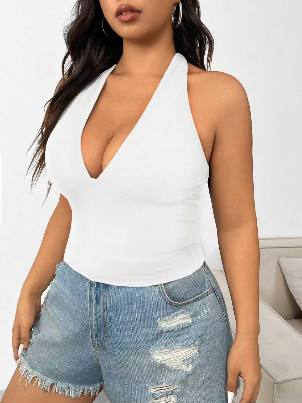 Haut court dos nu sexy pour femme grande taille, col halter, décolleté plongeant en V, à nouer dans le dos