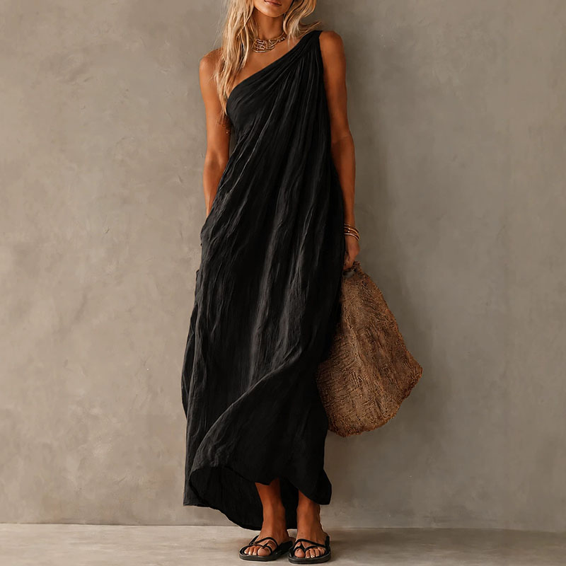 Robe longue drapée asymétrique pour femme, style bohème uni, sans manches, coupe ample, ligne A, élégante, pour la plage et les vacances
