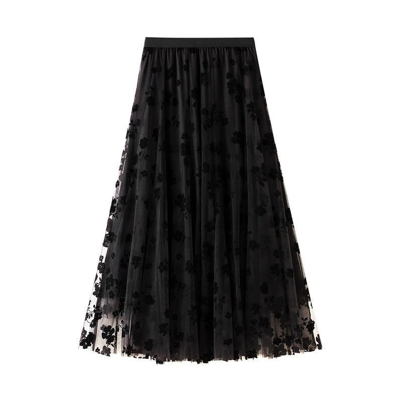 Jupes mi-longues plissées à fleurs pour femmes, jupes en tulle, taille haute, flocage coréen, maille élégante, dames de bureau, été, nouveau