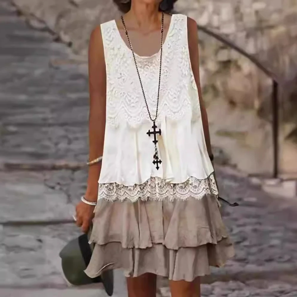 Robe en dentelle pour femme, à volants, patchwork, col en V, sans manches, longueur genou, coupe trapèze, style bohème décontracté, été 2026