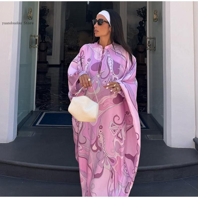 Robe longue surdimensionnée pour femmes, tenue de plage, vacances, Kaftan imprimé, Maxi, avec motif, coupe ample, manches longues, été