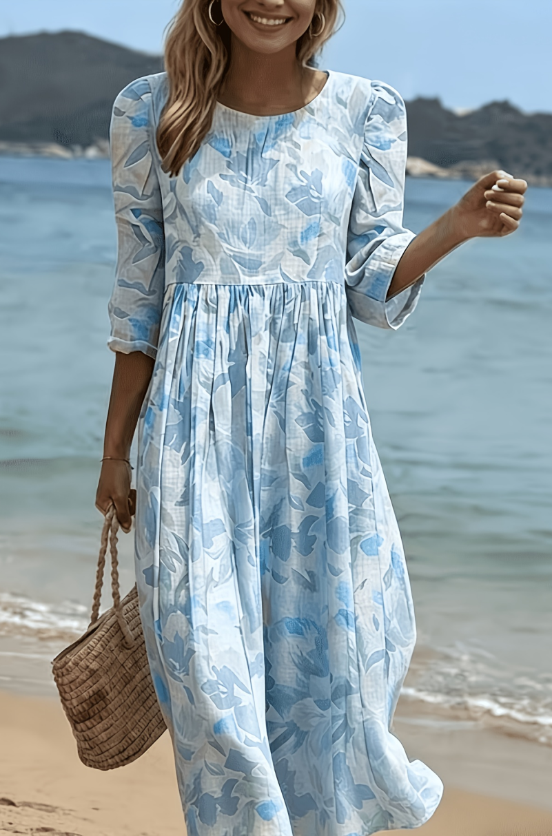 Robe florale aquarelle, robe longue fraîche de style français, jupe évasée taille haute à manches trois-quarts, robe de plage bleue et blanche pour les vacances, robe longue de style décontracté, robe respirante amincissante pour la pause thé, robe à imprimé artistique style forêt