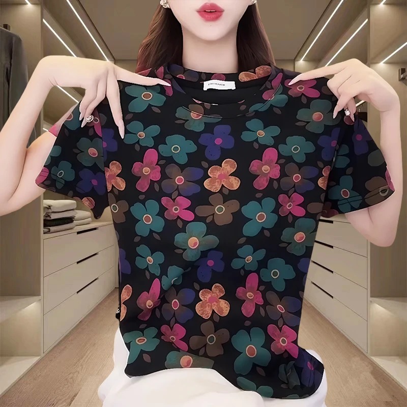 T-shirt en coton à imprimé floral pour femme, col rond, style rétro décontracté, manches courtes