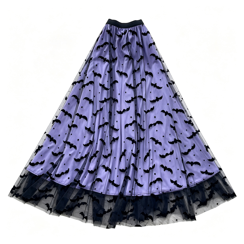 KAROFI Jupe longue en tulle pour femmes, style gothique, imprimé chauve-souris, taille haute, coupe A-line, ourlet en dentelle noire, jupe pour fête d'Halloween