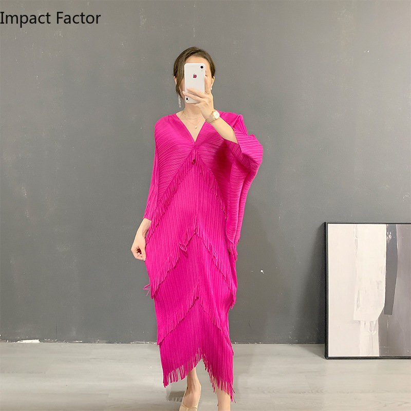 Robe de Soirée Décontractée à Franges pour Femme, Jupe à Franges, Col en V, Manches Chauve-Souris, Style Occidental, Nouvelle Collection Été 2024, Offre Spéciale
