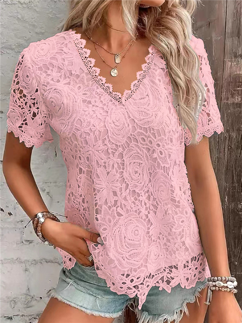 Chemise blanche élégante en dentelle pour femmes, col en V, manches courtes, chemisiers minces, monochromatique, chemises décontractées pour dames de bureau, printemps, été, nouveau, 2025