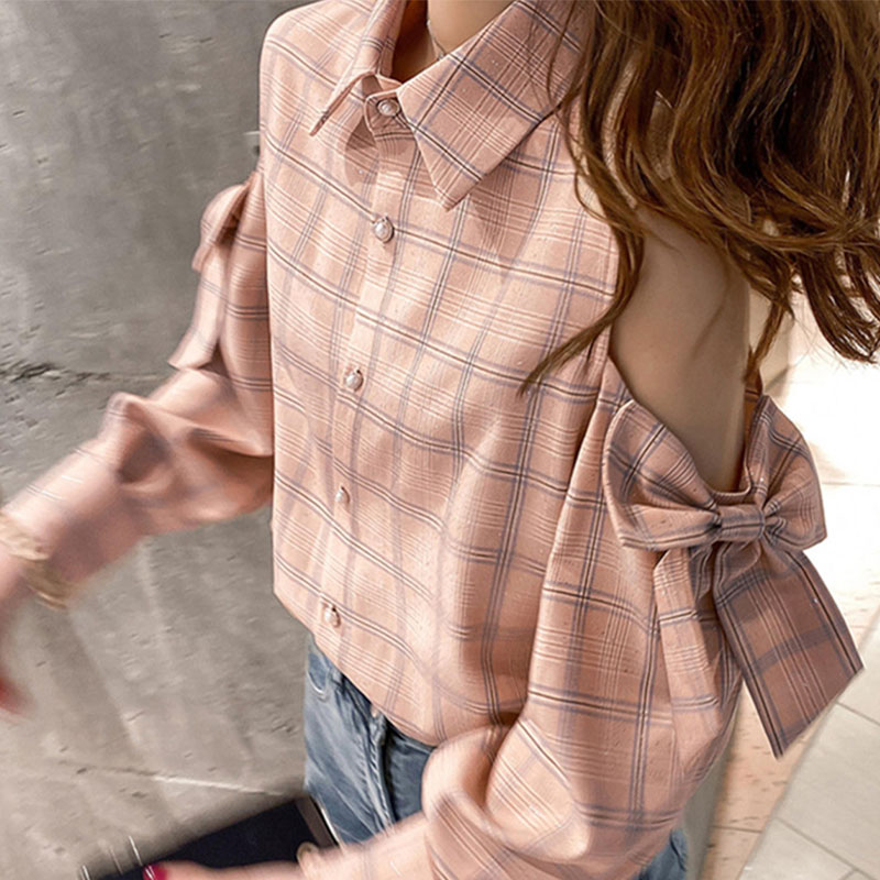 Chemisier à carreaux à manches longues pour femmes, chemise épissée à nœud, décontracté, tout match, mode coréenne, vêtements pour femmes, printemps, automne