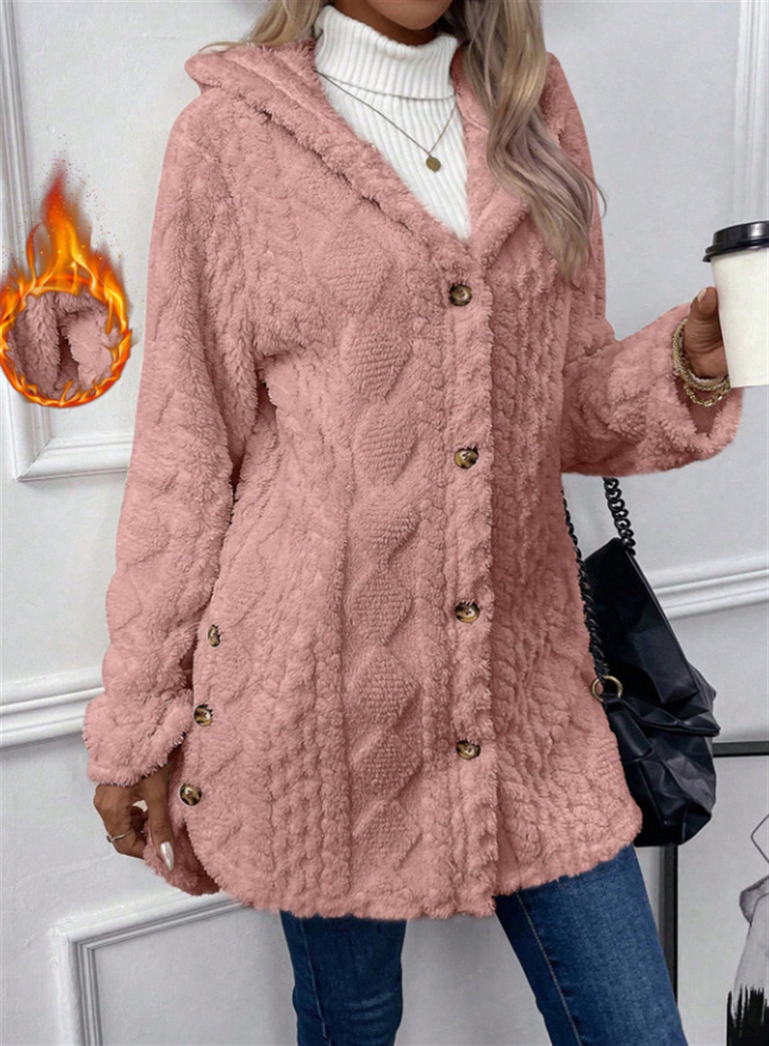 Femmes Cardigan veste à capuche automne hiver Argyle motif texturé à capuche ourlet irrégulier boutons polaire surdimensionné manteau d'extérieur