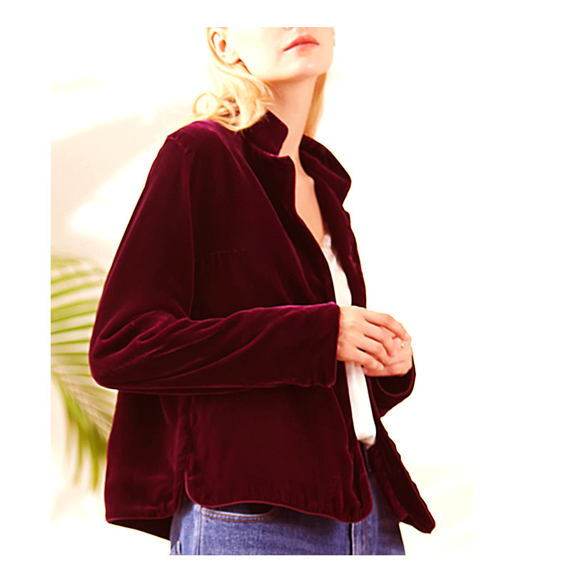 Chemise en velours de soie véritable pour femme, style court à manches longues, col montant, rétro, douce et lisse, haut de gamme, bonne qualité, printemps-automne