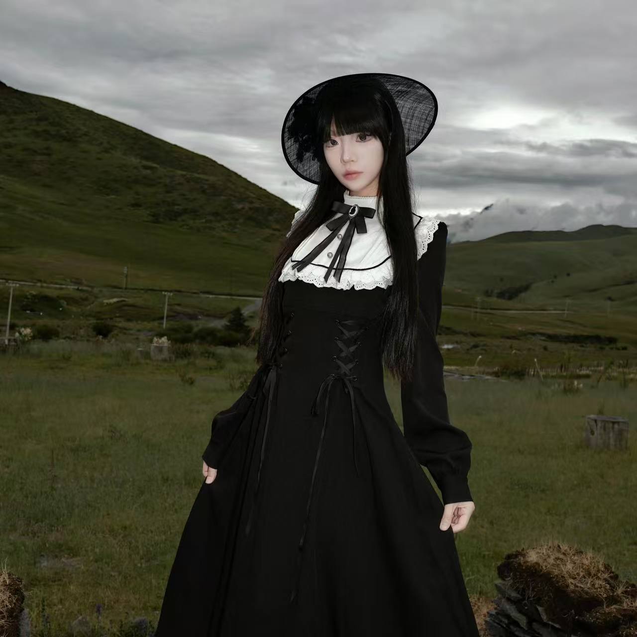 Robe mi-longue gothique Vintage pour femmes, tenue de soirée Kawaii avec nœud Lolita, en dentelle Harajuku, Patchwork, nouvelle collection