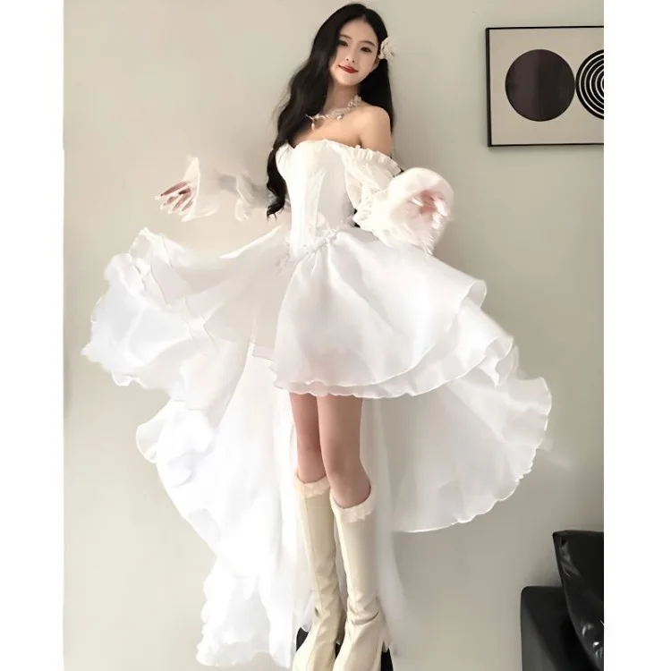 Robe élégante à épaules dénudées pour femmes, tenue blanche, taille Slim, manches longues, début du printemps, Y2k, nouvelle collection