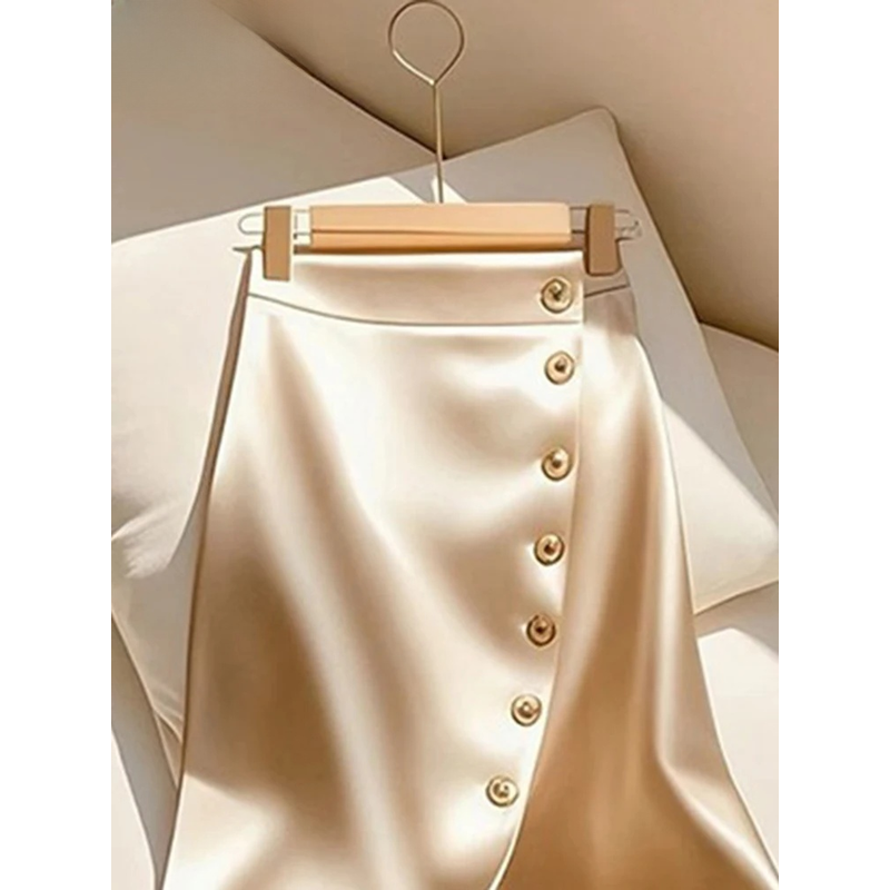 Jupes longues élégantes en Satin pour femmes, jupe Maxi en maille épissée, simple boutonnage, fente, nouvelle jupe pour les déplacements, 2025