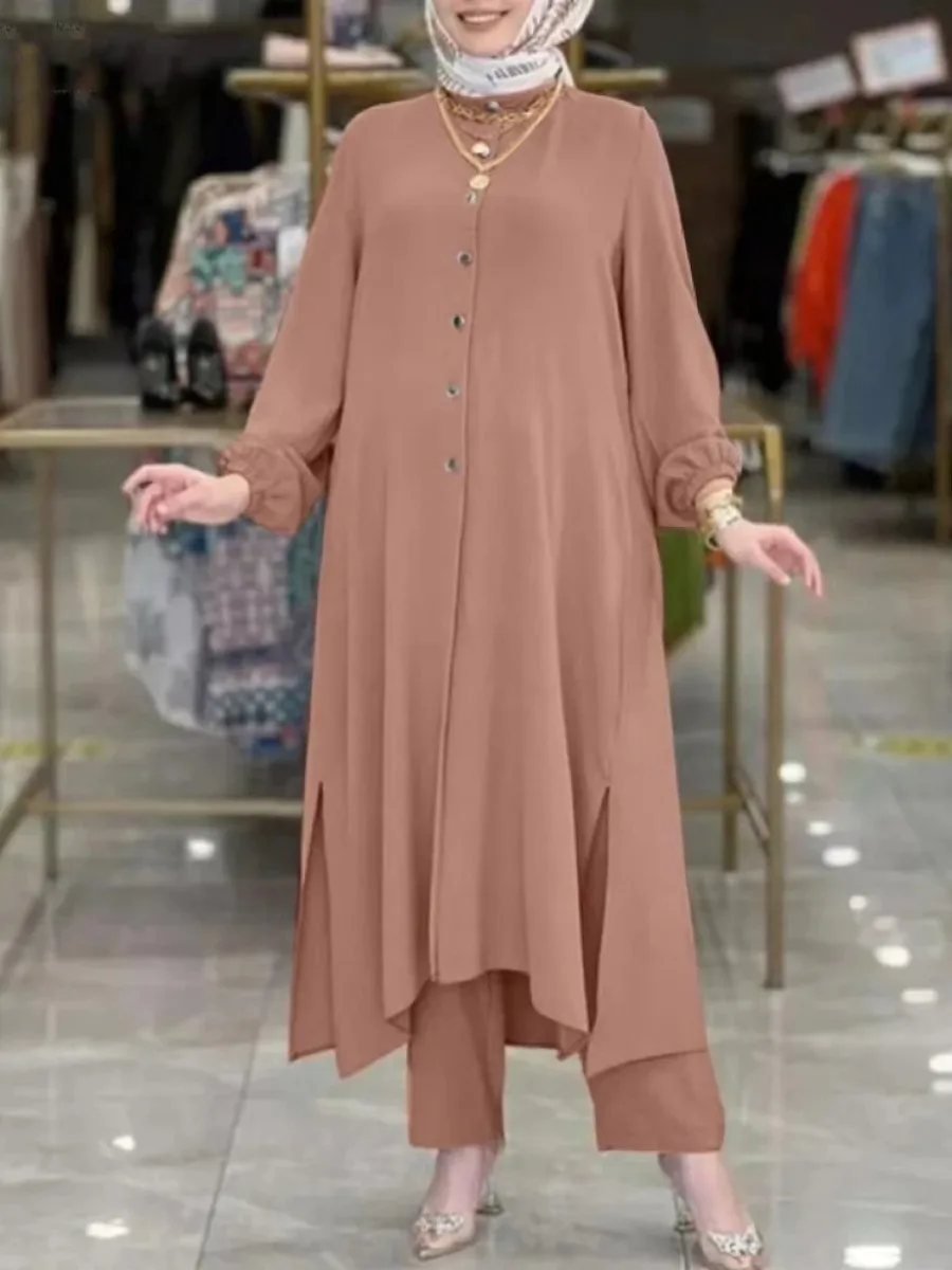 Femmes Eid ensembles musulmans Musulman Ensemble deux pièces dubaï Blouses pantalons à jambes larges ample décontracté arabe Ramadan solide caftan 2026