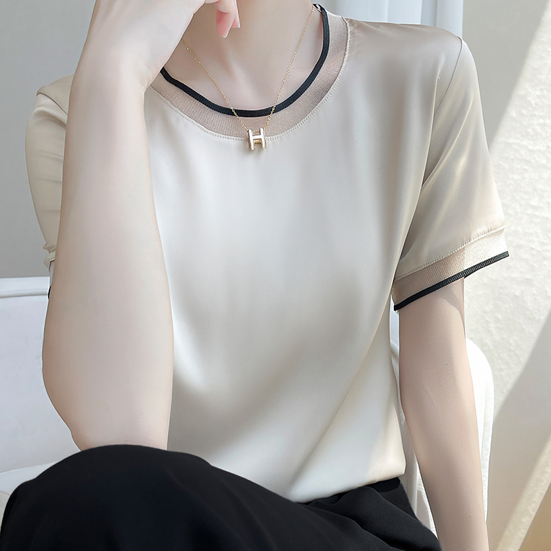 T-Shirt manches courtes col rond pour femme, décontracté et ample, couleur unie, avec dentelle sur le bas, été