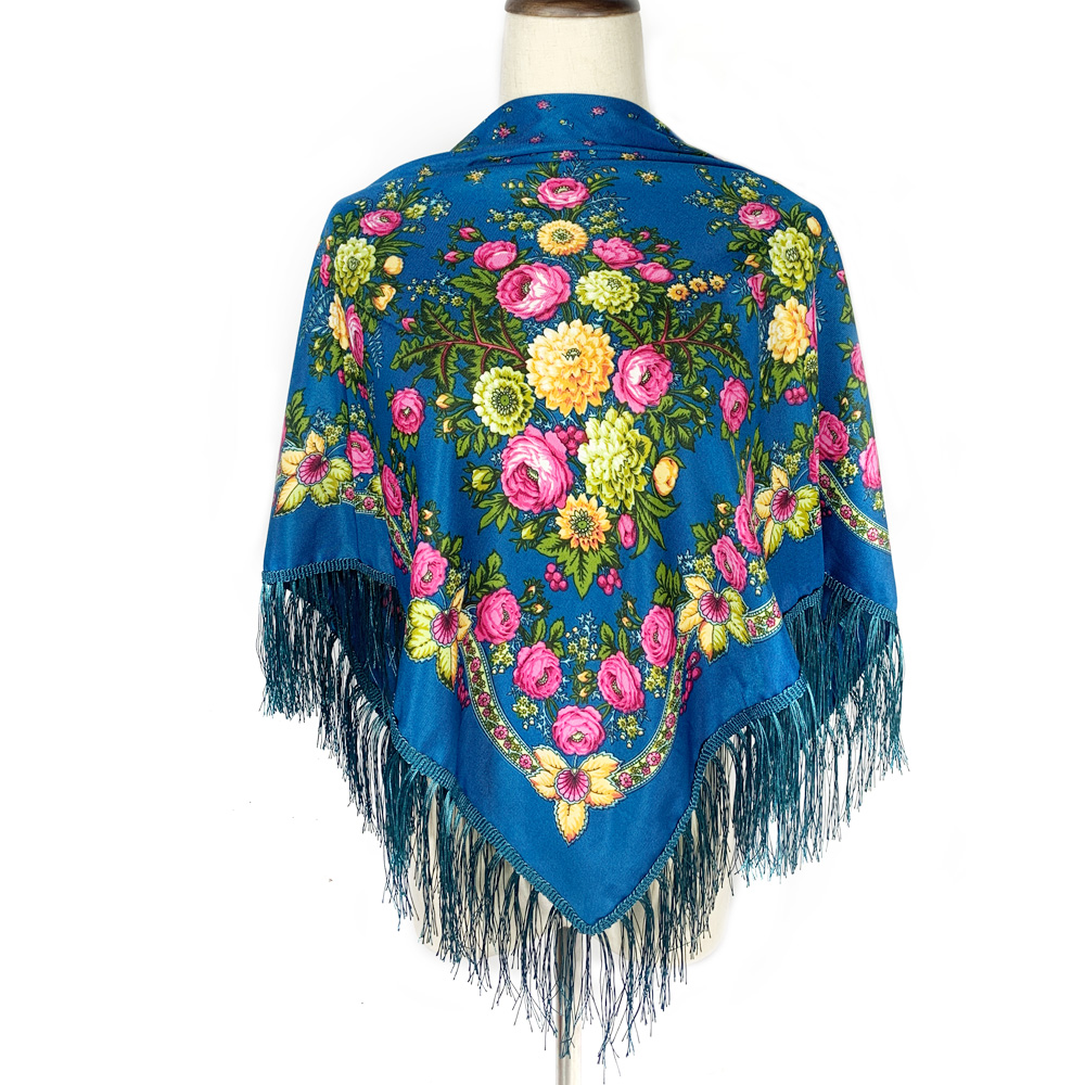 Style russe imprimé fleuri carré écharpe femmes rétro ukrainien à franges châle Babushka Bandana mouchoir femme bandeau