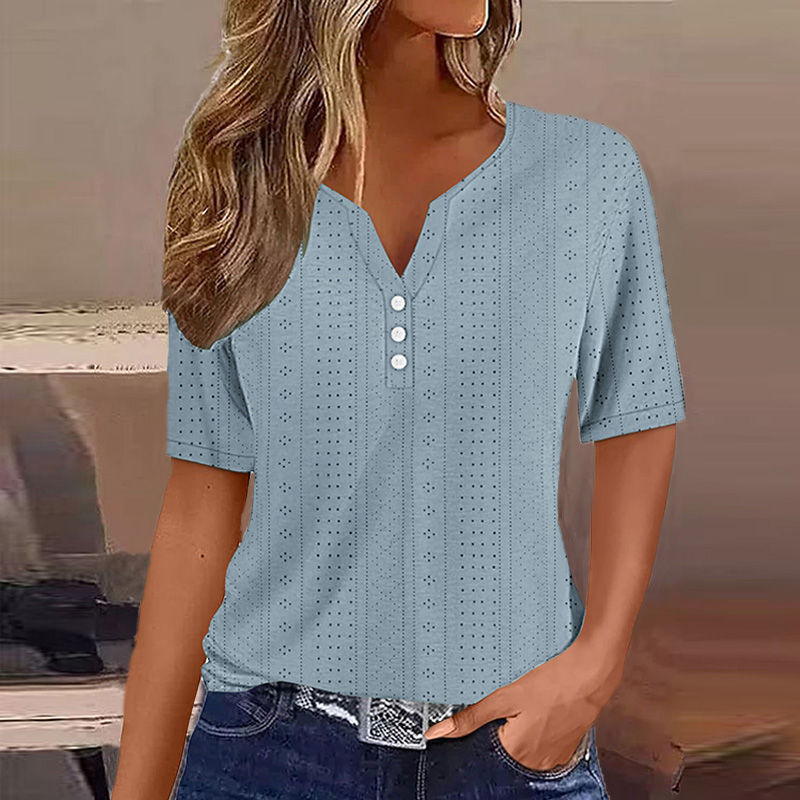 T-shirt décontracté à manches courtes et col en V pour femmes, t-shirt boutonné, t-shirts basiques d'été, pull élégant