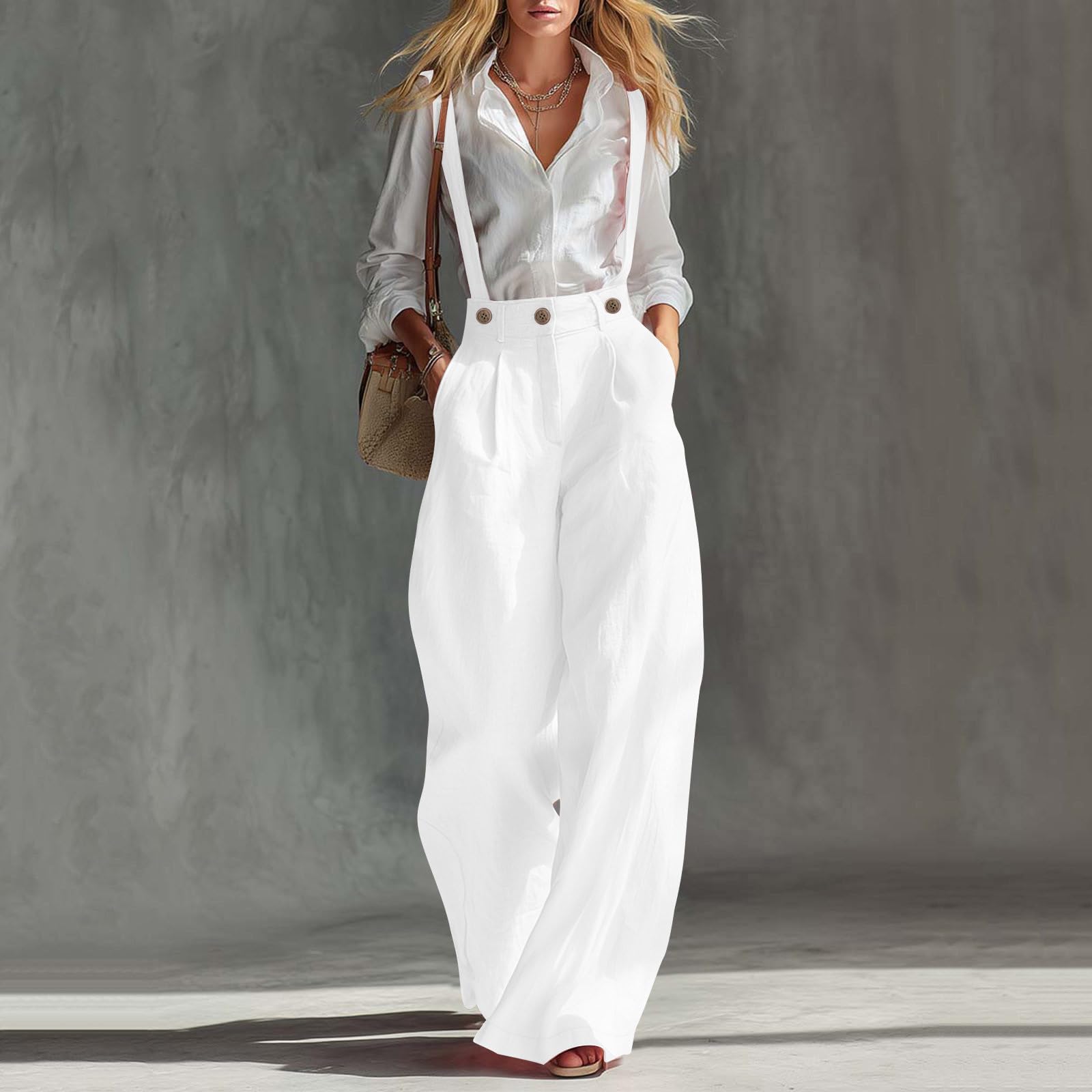 Pantalon décontracté à bretelles pour femmes, pantalon à jambes larges, taille haute, plissé, aspect lin, avec poches, pour le travail, les vacances et le quotidien
