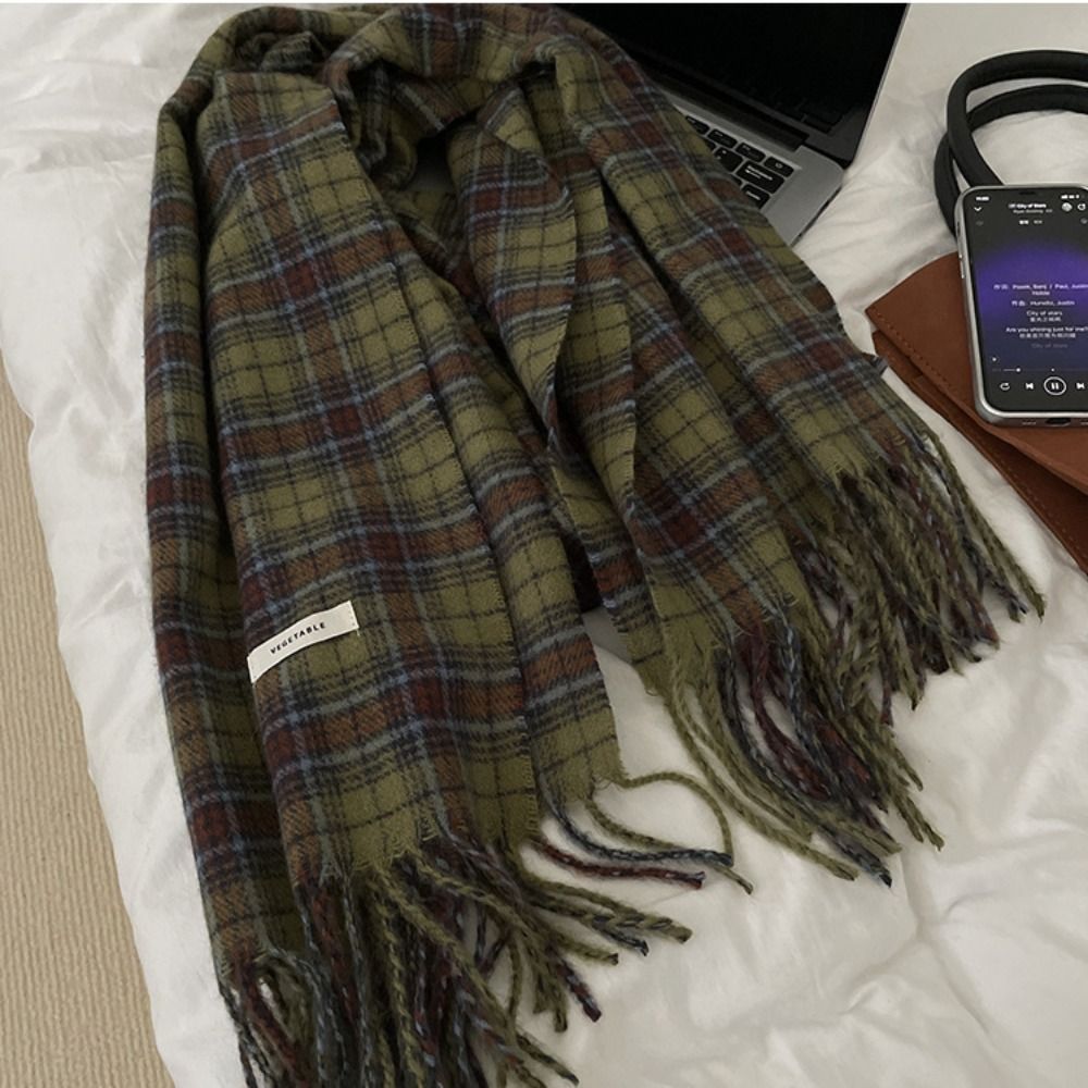 Gland Plaid laine écharpe en peluche rétro vert Long châle Style coréen foulards laine foulards hiver cachemire foulards femmes/hommes
