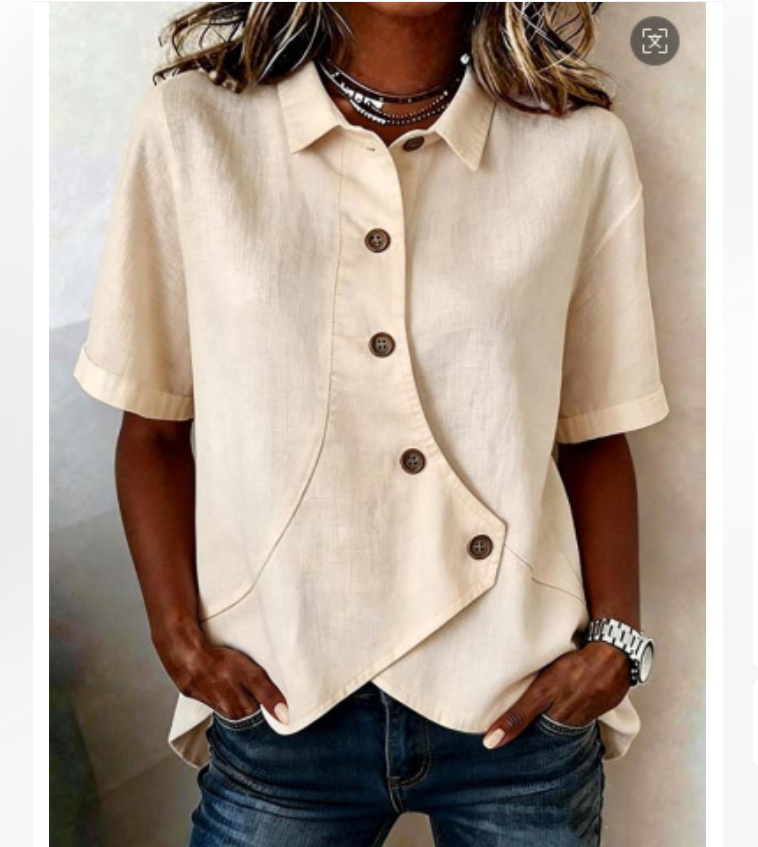 Chemisier décontracté uni et asymétrique pour femme, élégant et tendance, à manches courtes boutonnées, idéal pour les vacances et les soirées.