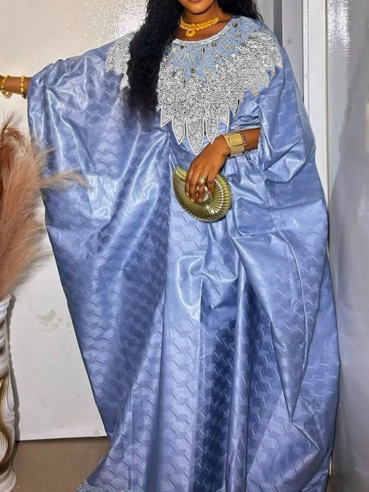 Bleu ciel Bazin Riche robes longues paillettes Bazin Boubou brocart paillettes cou brillant africain Ankara femmes Dashiki Robe
