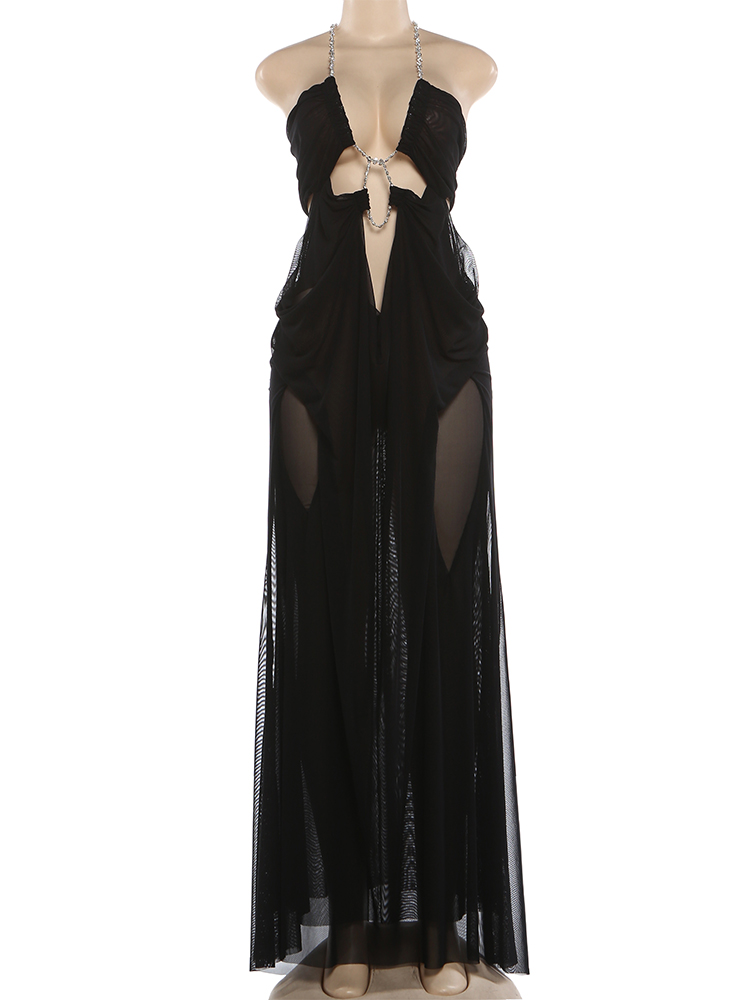 Cutenew Voir À Travers Chic Robe Femmes Sexy Halter Chaîne Dos Nu Irrégulier Froncé Patchwork Sexy Vacances Fête D'anniversaire Clubwear