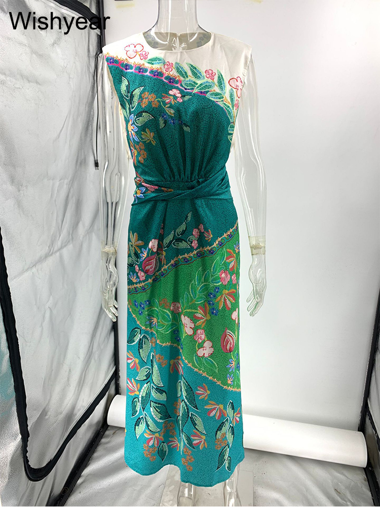 Wishyear Robe torsadée en satin imprimé Boho pour femme - Décontractée - Col rond - Sans manches - Style africain pour les festivals - Robe d'anniversaire