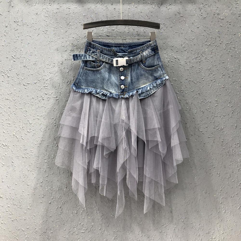 Jupe en jean taille haute pour femme, élégante, avec empiècements en maille, coupe trapèze, ourlet asymétrique, polyvalente pour le travail