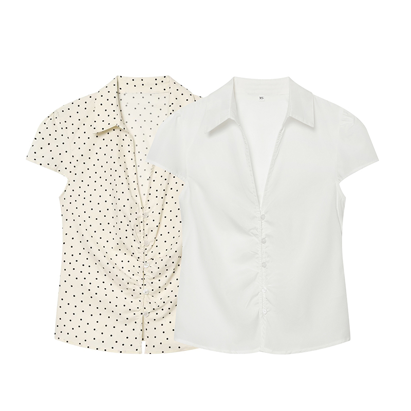 Chemisier à manches courtes pour femme - Blouse ajustée à col et détail froncé, Nouvelle collection été 2026, Haut décontracté
