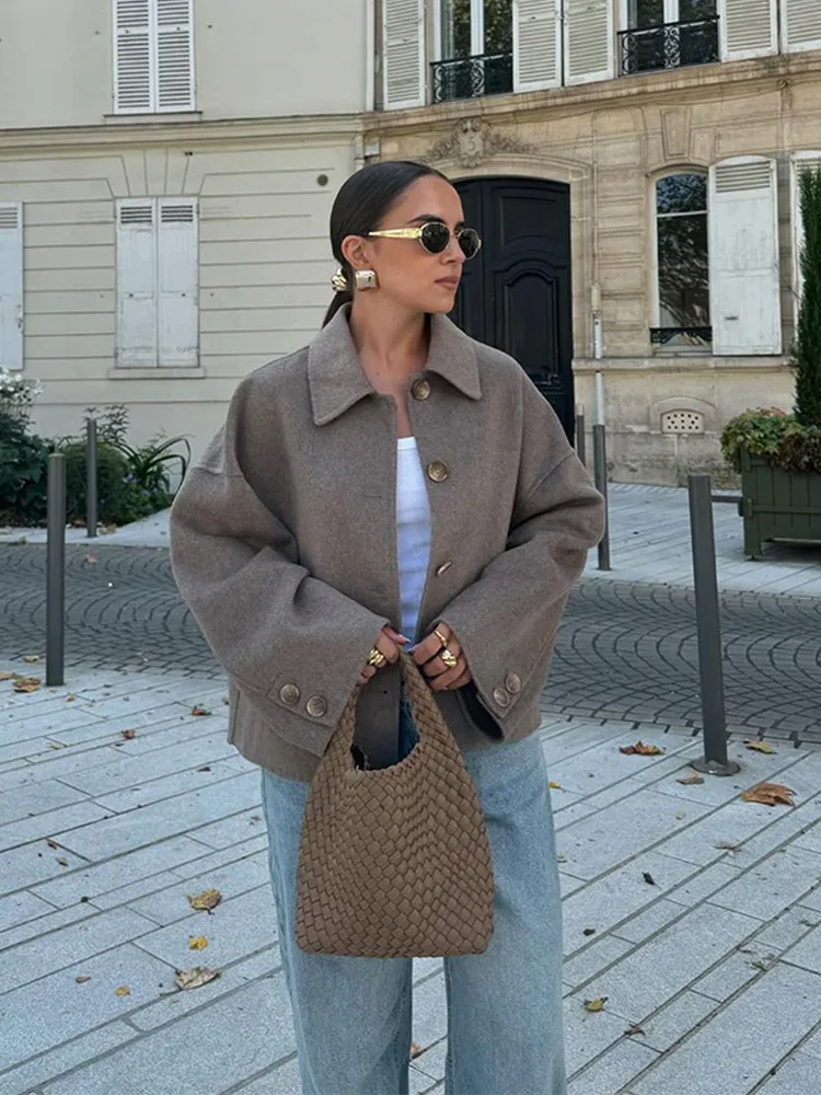 Manteau en laine gris décontracté pour femme, Chic, revers, manches longues, poches à simple boutonnage, veste courte, pardessus de rue, automne