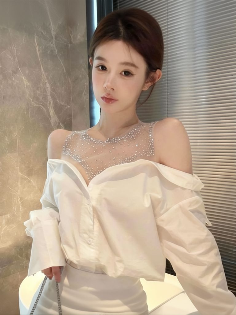 Chemisier élégant à sequins en maille pour femme, à épaules dénudées, manches longues - Modèle blanc boutonné pour les soirées et les tenues décontractées
