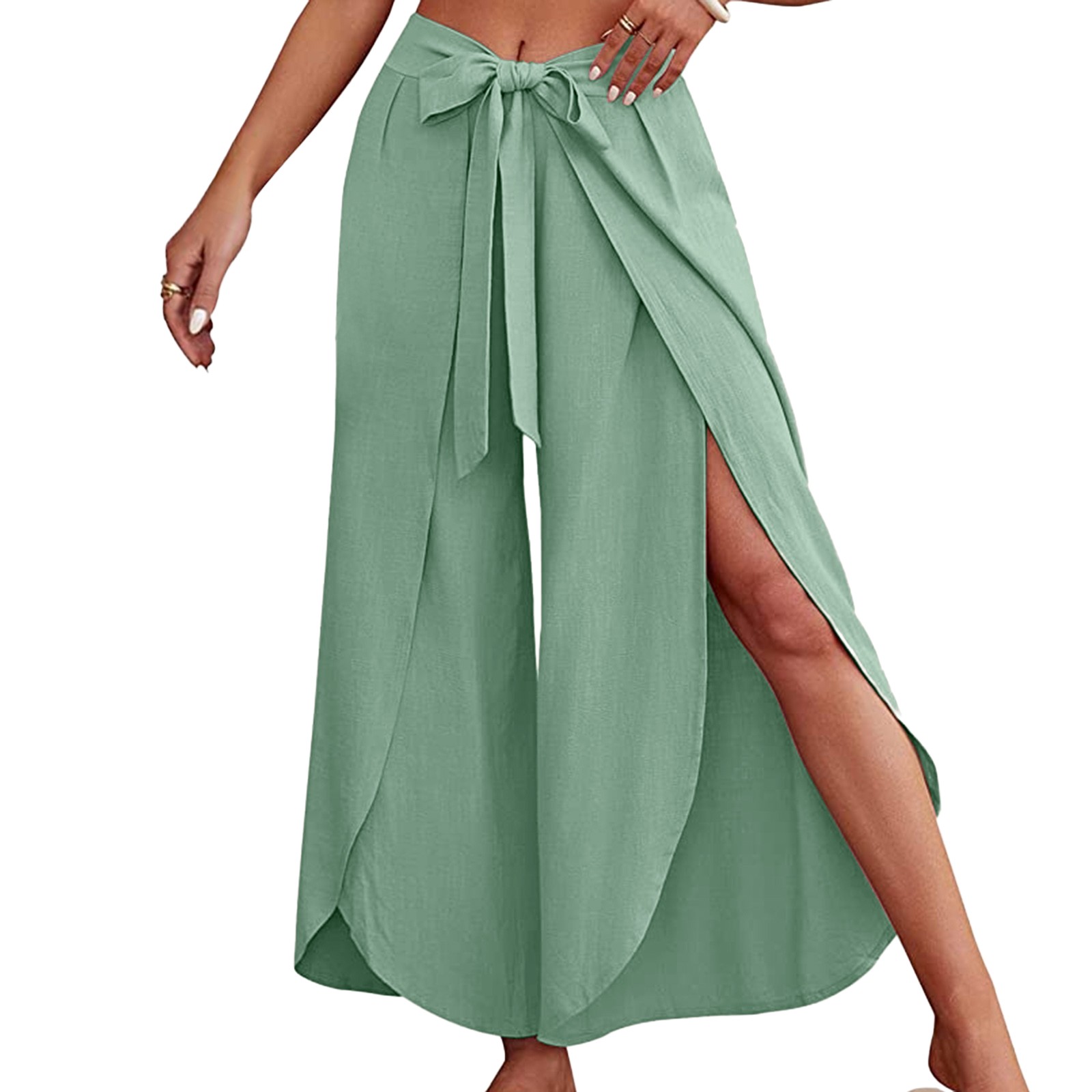 Boho femmes taille haute Palazzo pantalon été plage pantalon solide fluide pantalon fendu à lacets jambe large pantalon pantalons De Mujer