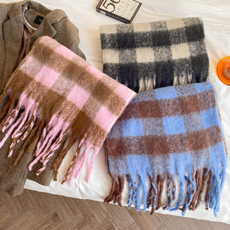 Écharpe en laine à carreaux coréens pour femmes, noir, blanc, écharpes chaudes, châle épais et chaud pour filles, mouchoir de la présidence, hiver